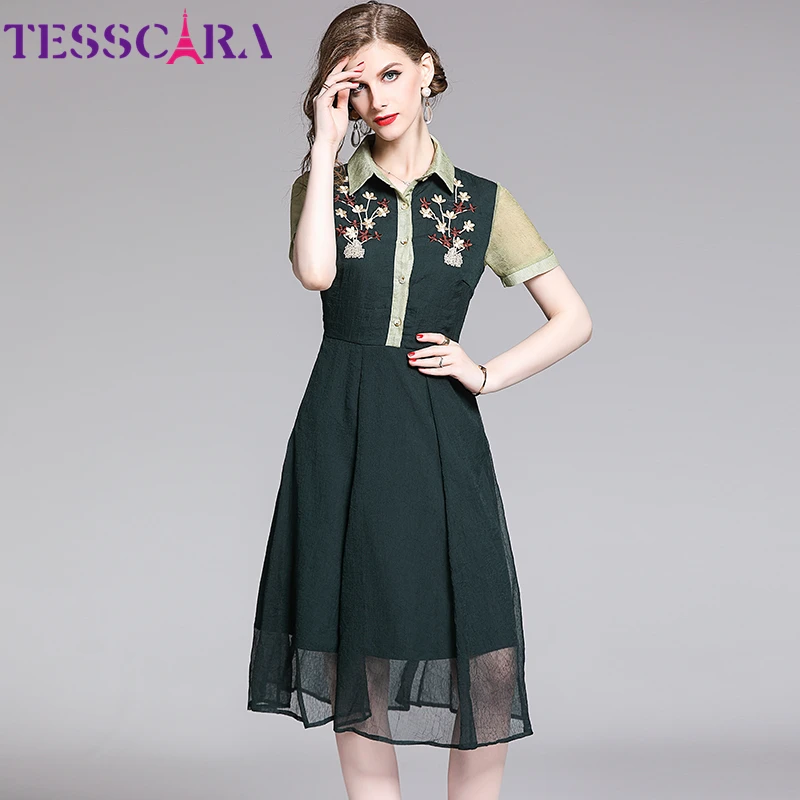 TESSCARA женское летнее элегантное платье с вышивкой рубашка женские офисные