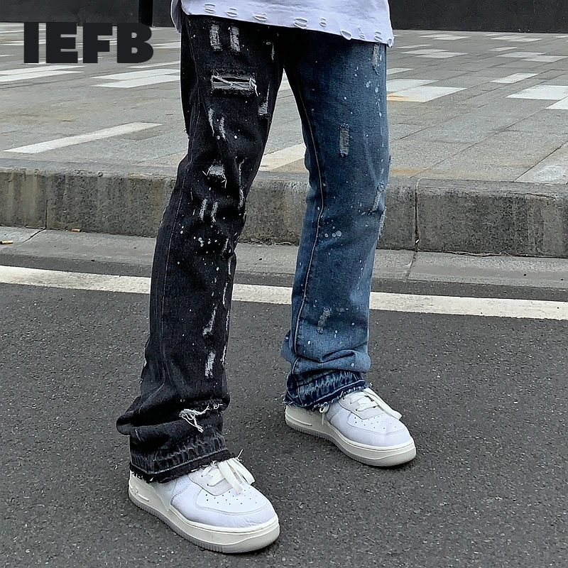 

IEFB Color Block Hole Washed High Street Jeans For Men Straight Frayed Casual Denim Pants Harajuku Baggy Oversize Trousers Y5231