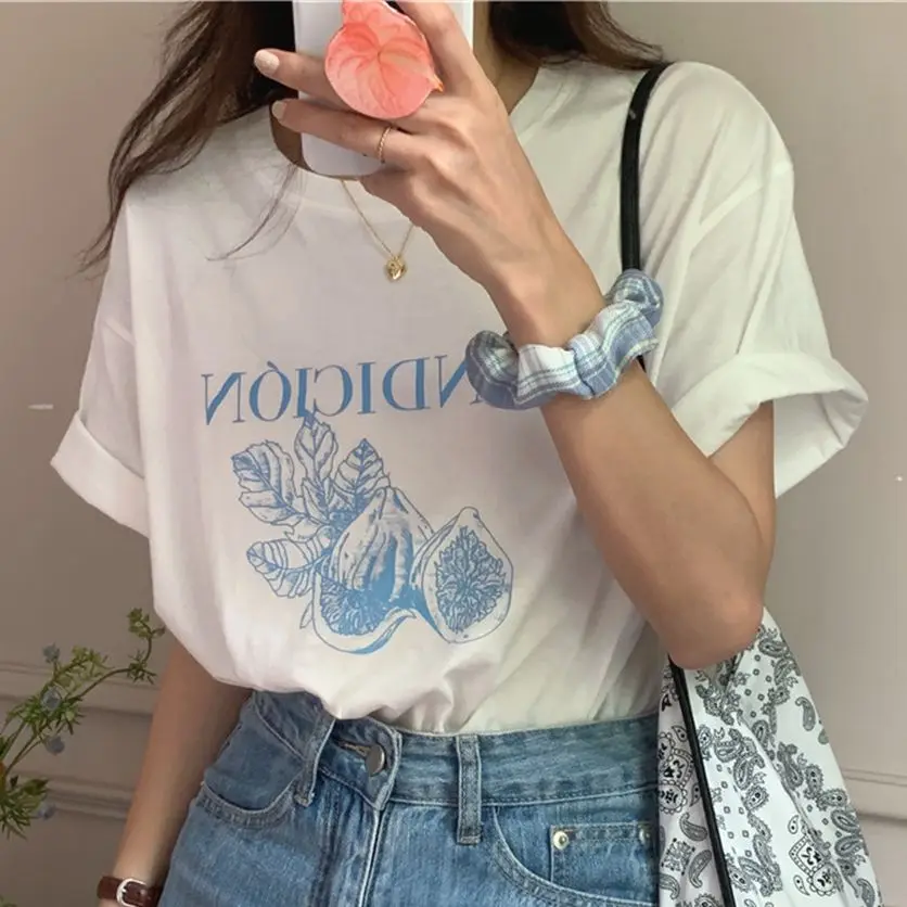 

2021 Summer Basic Chic Florals Printing Tops Students Loose Tee Casual Gentle All Match Outwear Fashion T-shirts