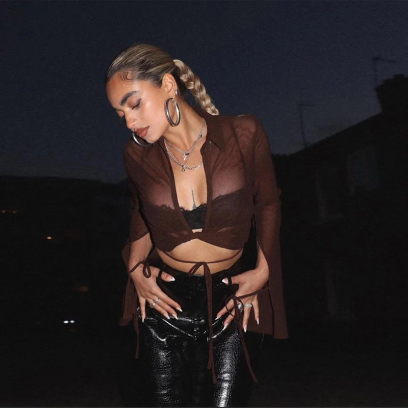 Женские сексуальные топы с открытым животом Осенние однотонные прозрачные