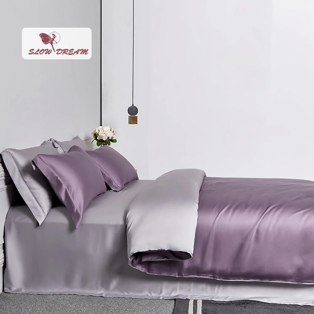 

SlowDream Premium 6A Grade 100% Silk Bedding Set Healthy Silk Purple Gray Duvet Cover Pillwocase Queen King Flat Sheet For Sleep