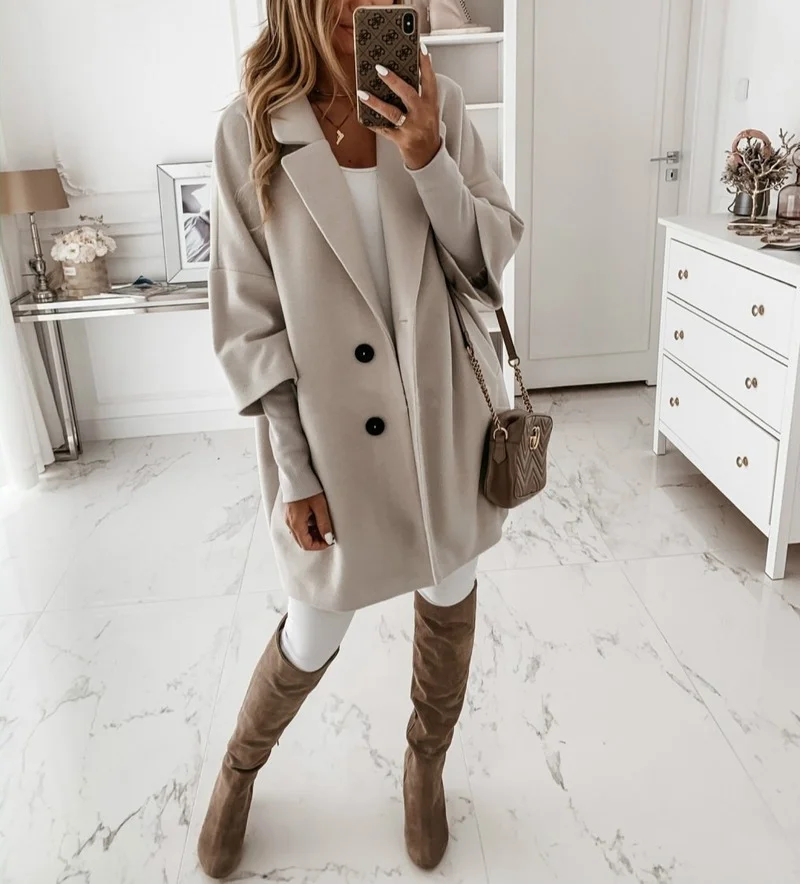 

Women Solid Colors Loose Single Breasted Button Pocket Three Quarter Sleeve Long Coats Autumn Winter Jacket 4 Colors Plus Size