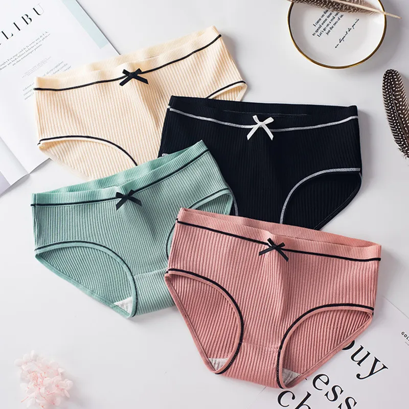 

Cotton underwear women's thread cotton bow breathable sexy middle waist girl's Japanese briefs