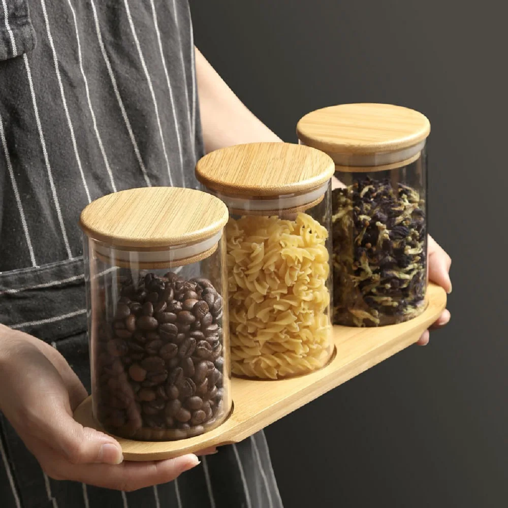 

Kitchen Miscellaneous Grains Sealed Set Transparent Glass Round Wooden Lid Storage Jar Tea Caddy