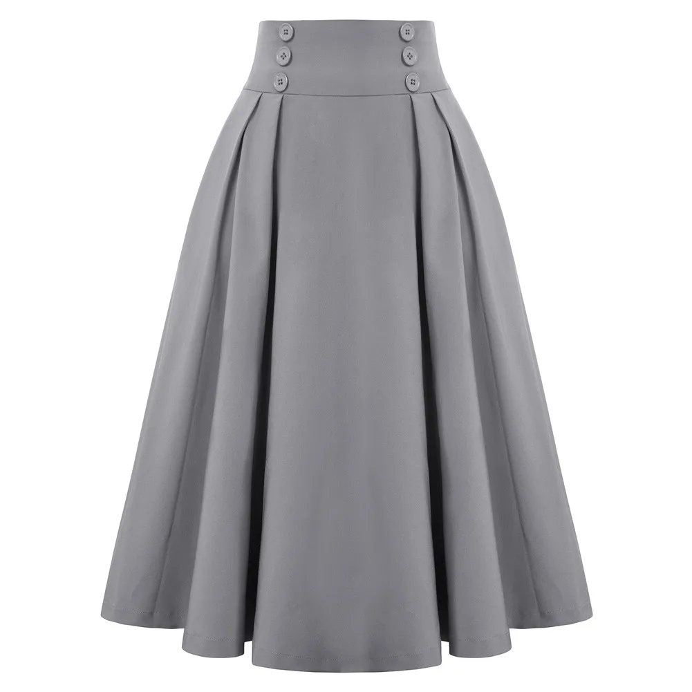 

Women's Skirts Pleated Swing Skirt Buttons Decorated Elastic Waist High Waist Retro Pure Color Mid-calf Skirts New