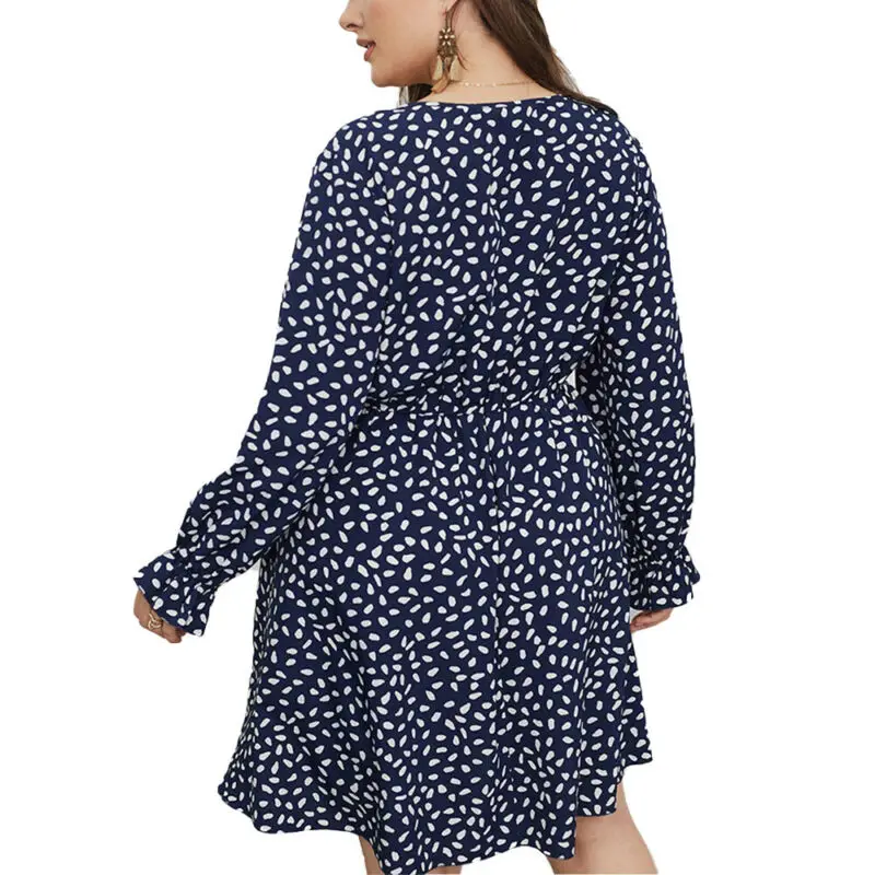 

Womens Long Sleeve Vintage Casual V Neck Sundress Plus Size A Line Mini Dress