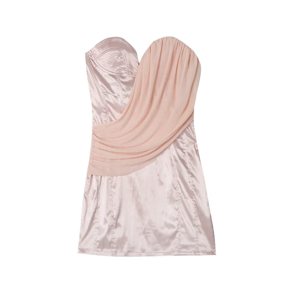 

Sexy Pink Wrapped Chest Women Dress 2020 Summer Mesh Stitching Bag Hip Dresses V-neck Short Bandage Dress Party Women L1020
