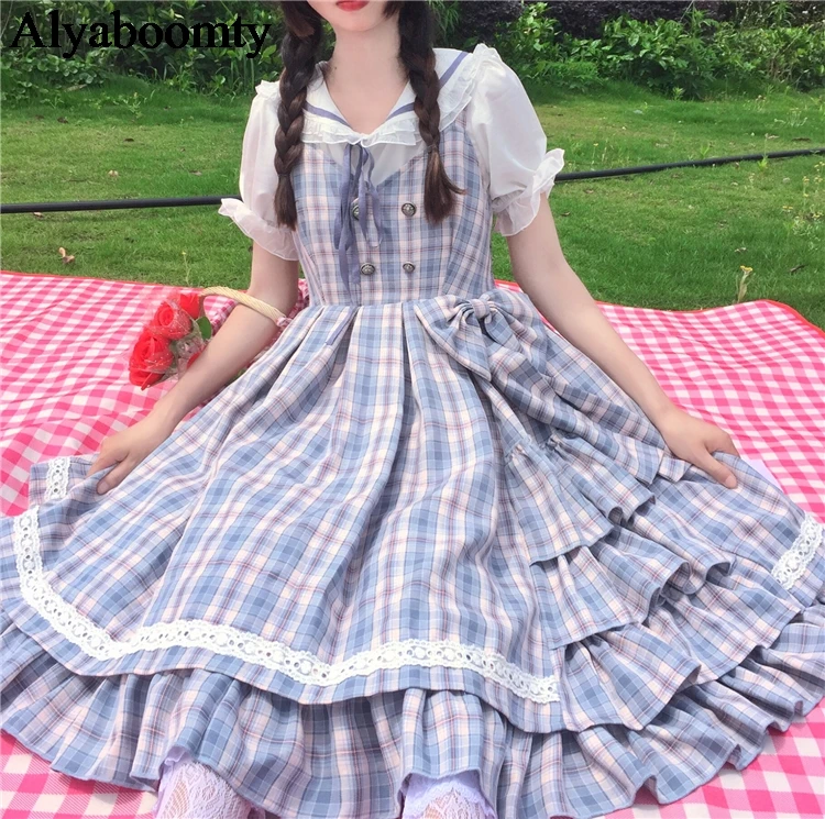 

New Japanese Lolita Style Women Sundress Suspenders Plaid Bow Lace Ruffles Sleeveless Dress Cute Kawaii Sweet Girl's JSK Dresses