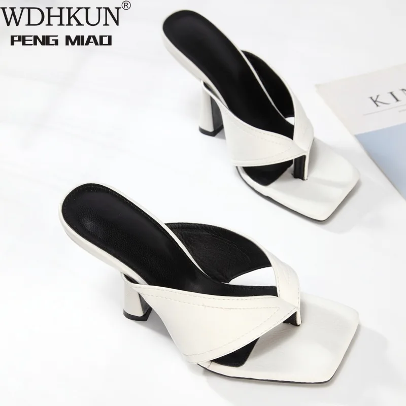 

WDHKUN 2021 New10CM Women Slippers Slides Square Toe Med Heel Sandal Shoes Ladies Summer Outdoor Beach Flip Flops Slides Shoes