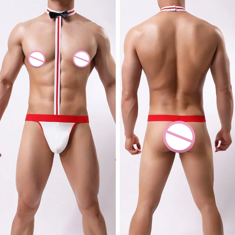 Манкини воротник галстук-бабочка стринги Костюм Тедди для мужчин красный черный