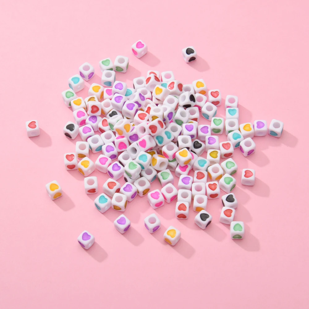 200 шт. белые Квадратные бусины с большим отверстием цветные рисунком сердца для
