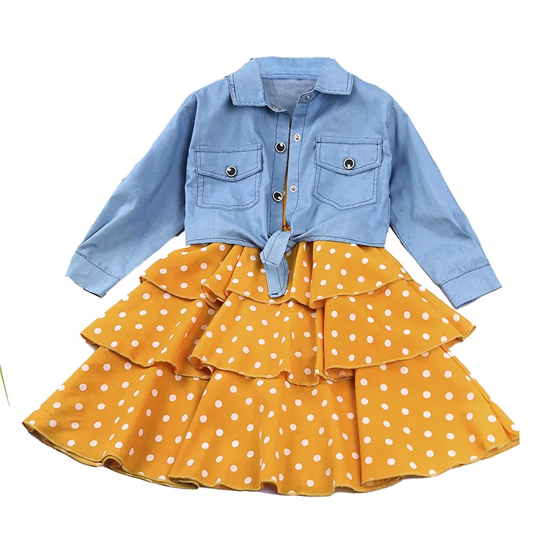 

Baby Girl Clothes 4 To14 Years Children Dress Suits Teen Girls Dress Dot Sling+denim Jacket 2-piece Set Party Girls Clothes 2022