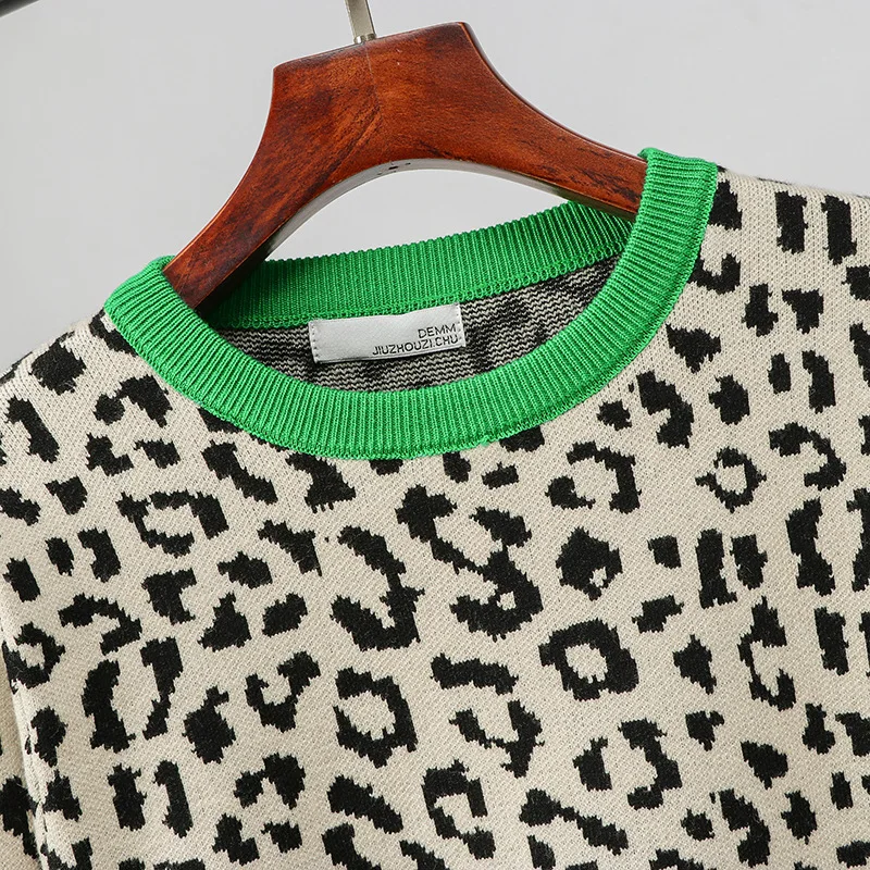 SINGRAIN Women Leopard Knitted Sweater Autumn Knit Tops Harajuku Fashion Pull Femme Oversized Basic Knitting Print Pullovers | Женская