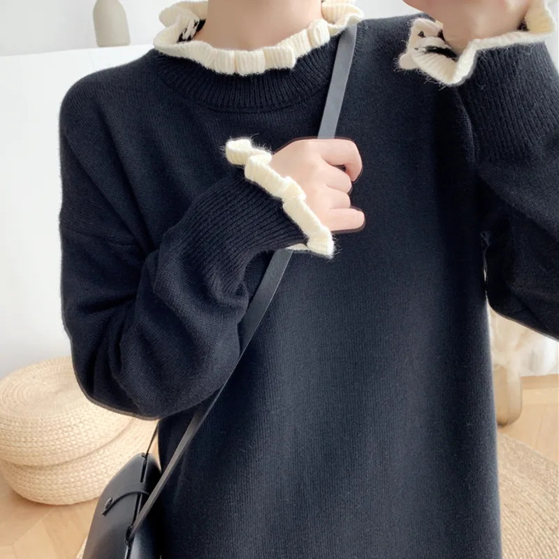 

Korea Fashion Vintage Sweater Midi Dress Autumn Winter 2021 New Women Clothing Loose Bottom Knitted Black Dress Vestido De Mujer
