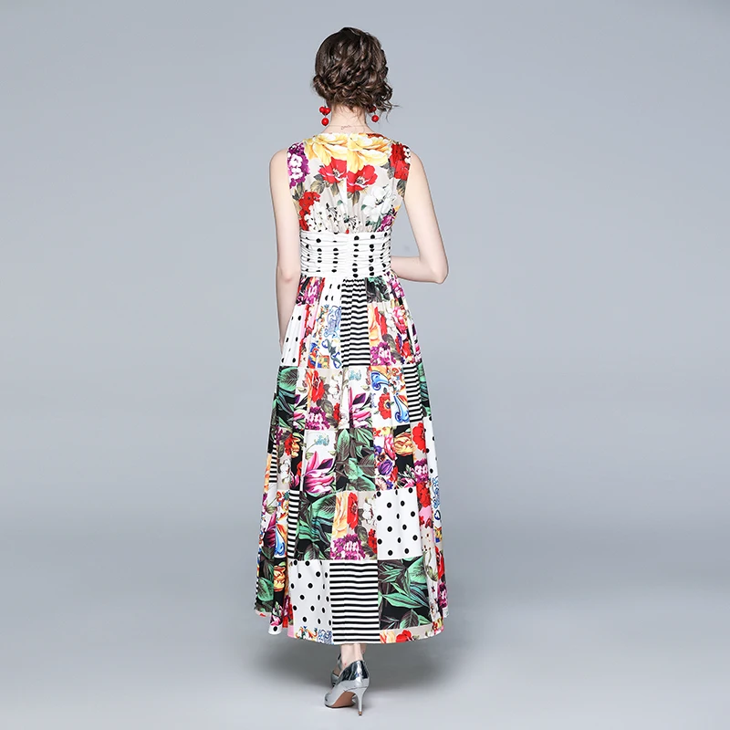 

2021 Spring Summer Sleeveless Tank Polka Dot Floral Printing Maxi Long Dress Vestidos Jurken Beach