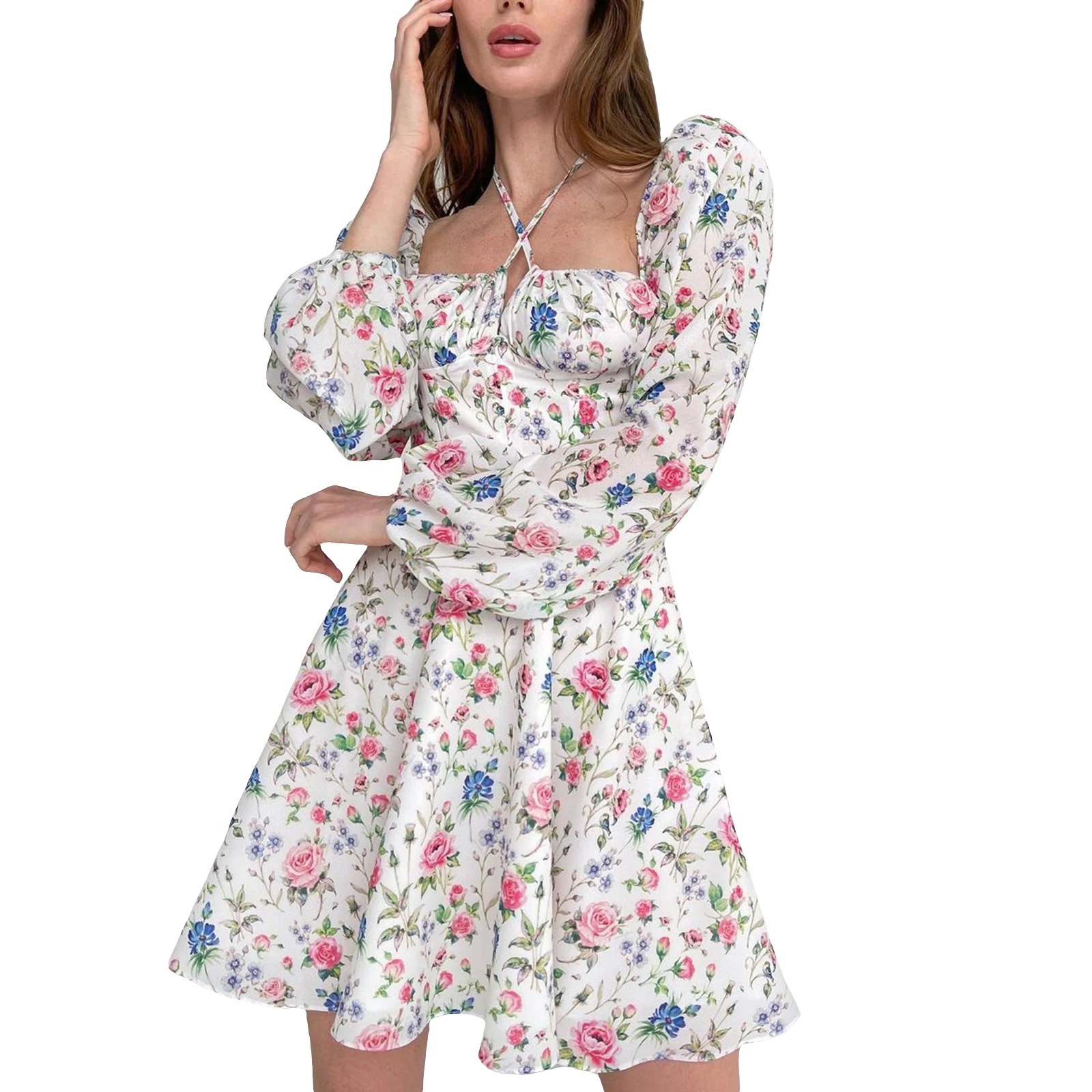 

Women Vintage Summer Square Collar Floral A-line Dress Adults Tie-up Backless Puff Long Sleeve Vintage Autumn Short Dress