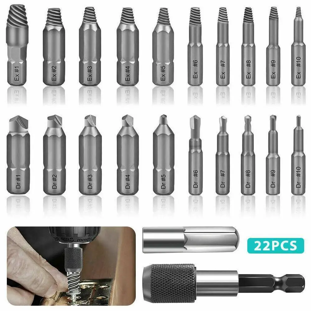 

22PCS Shank Screw Remover Drill Bits Damaged Screw Broken Set Screw Remover Tool Easy Out Bolt Guide Stripped Stud Extracto M4R2