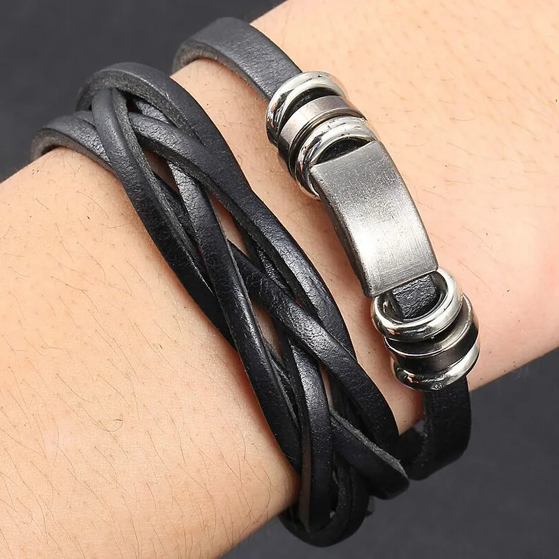 Мужской многослойный браслет ручной работы в стиле панк черный кожаный с
