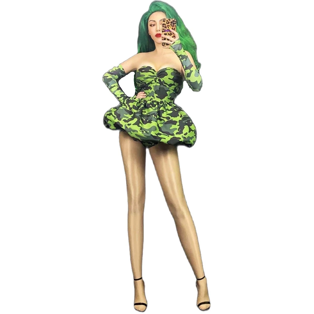 

Camouflage Tube Top Pouf Dress Three Pieces Set ArmyGreen Dress Women Party Outfit Cosplay Costume Nightclub DJ Catwalk Clothing