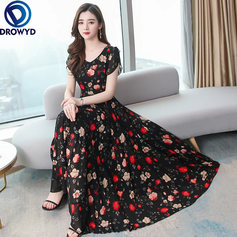 

Fashion Midi Dresses for Women 2021 Chiffon Casual Dress Robe Femme Chic Vestitos Floral Short Sleeve V-Neck Summer Party Dress