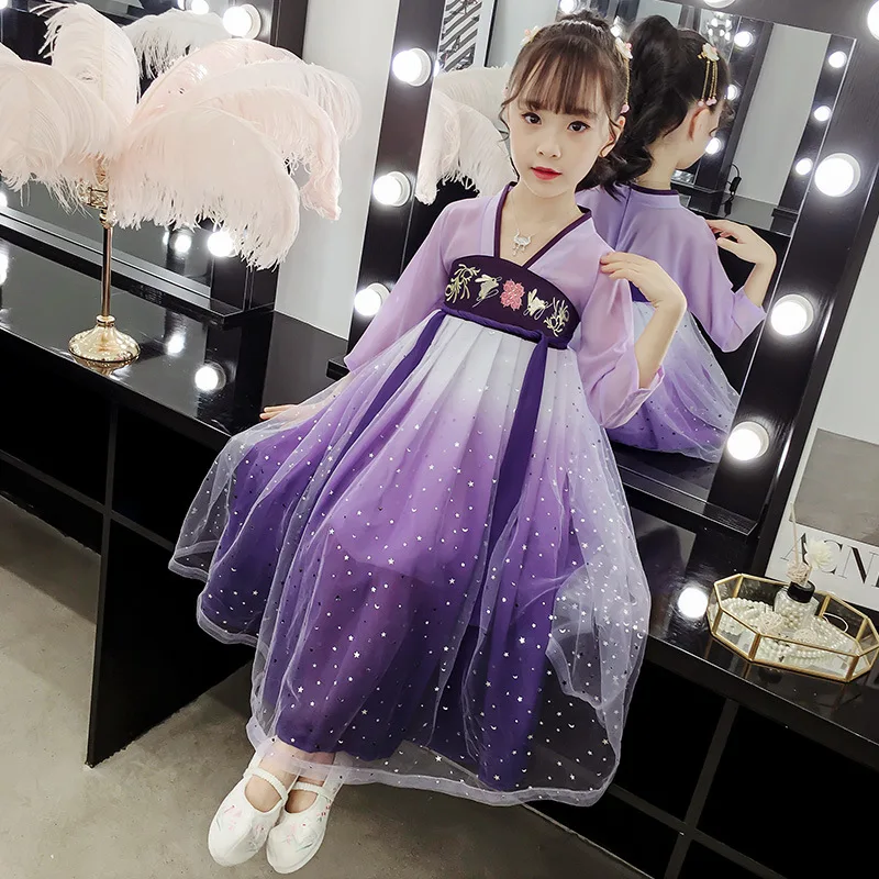 

XinHuaEase Hanfu платья для выступлений для девочек старинный костюм в китайском стиле наряд сказочное детское звездное небо дети ежедневный Фиолетовый Новый
