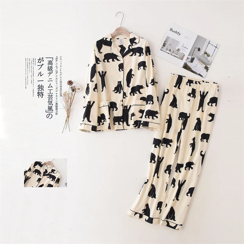 

Women's Pajamas Set Cotton Sleepwear Bear Print V Neck Homewear Casual Fashion Home Suit High Quality Nightgown пижама женская
