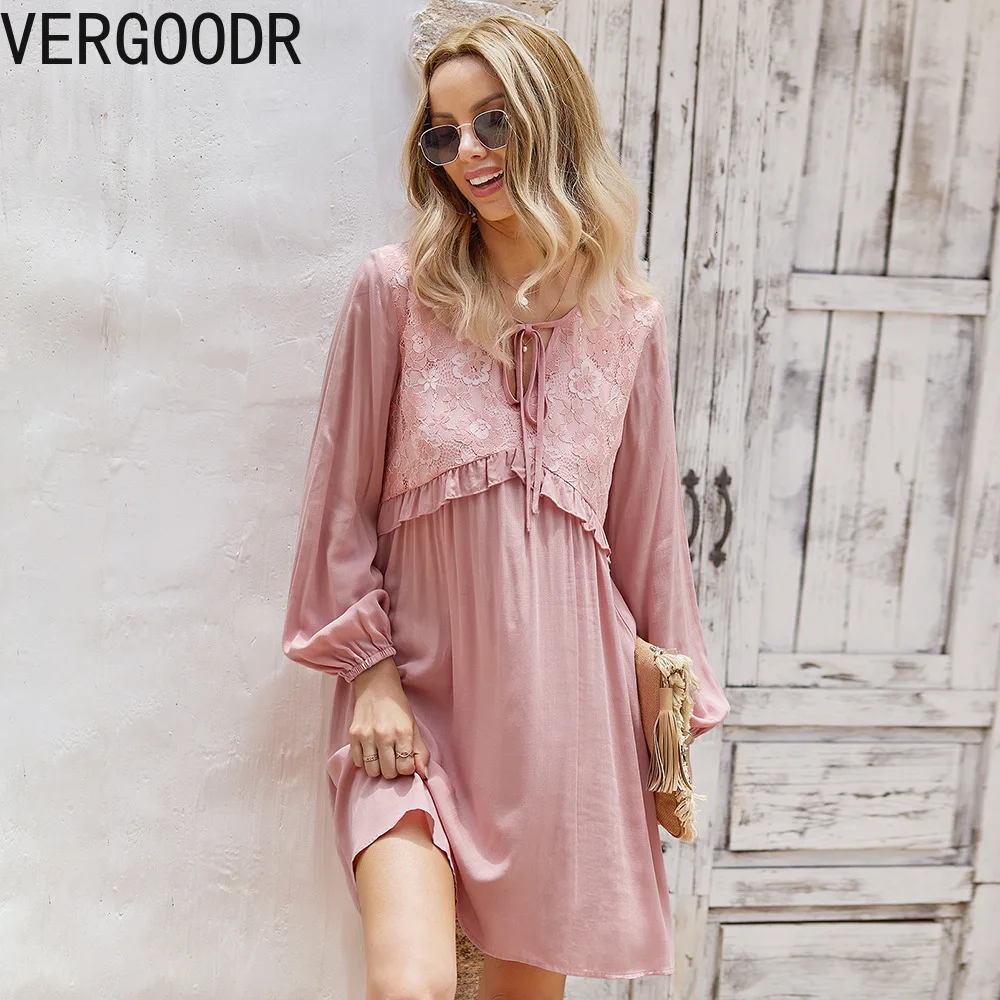 

Autumn Solid Mini Dresses for Women 2021 Long Sleeve V-neck Sexy Pink Dress Plus Size Casual Ruffle Dress Vestidos De Mujer