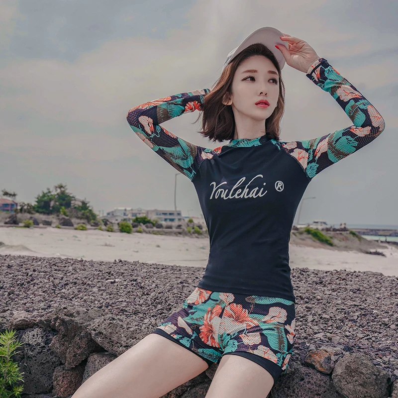 Женский купальник с длинным рукавом и принтом 2 шт./компл.|Комбинезоны| |