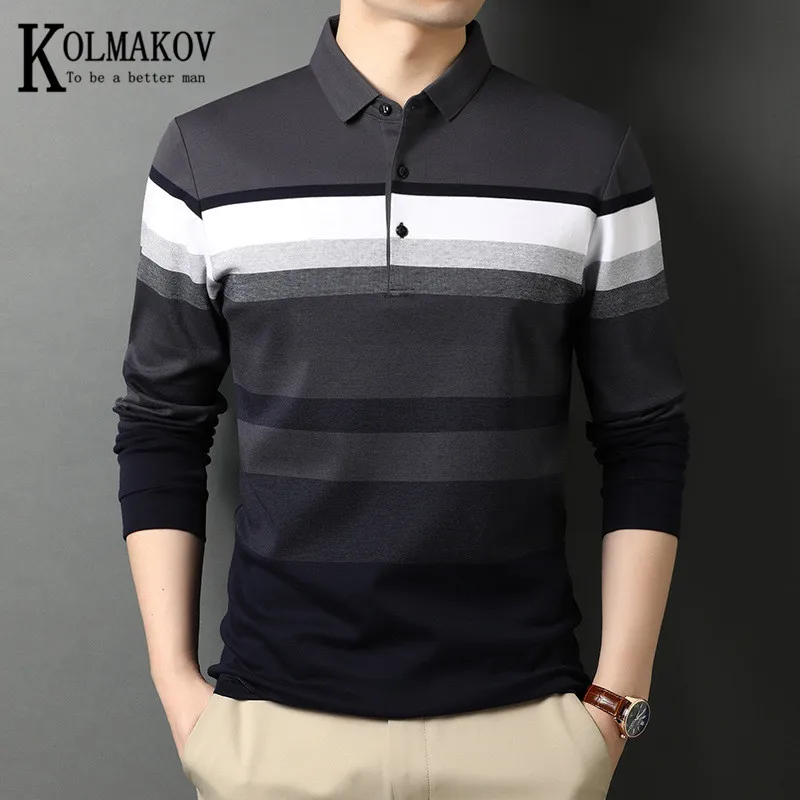 

KOLMAKOV Men's T-shirts Spring New Cotton Long Sleeves Lapel Horizontal Stripe Young And Middle-Aged Casual T-shirt Size M-3XL