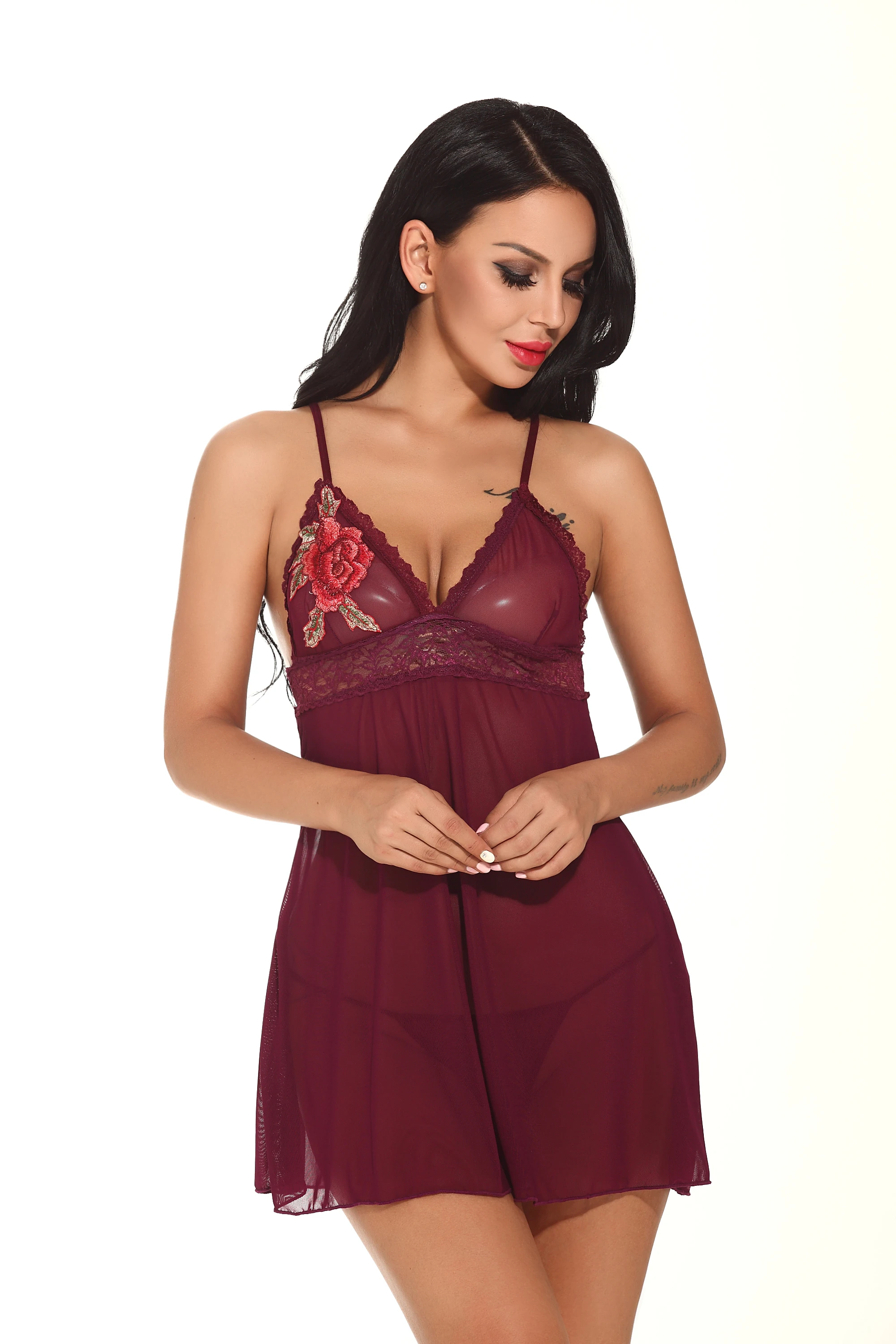 

Red Sexy Lace Lingerie Women Net Cloth Embroidered Hot Erotic Underwear Babydoll Sexy Lace Deep V Backless Sexy Nightdress