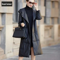 leather coat new genuine leather down jacket womens winter long loose hooded korean sheepskin large size fashion outerwear