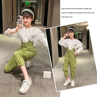10 12 year children costume 2021 spring autumn fashion suit solid korean cute embroidery long sleeve lace top pants two piece