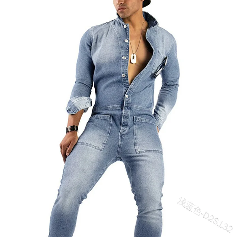 

Mandylandy Denim Top Jeans Slim Fit Denim Jumpsuit Single Breasted Long Sleeve Workwear Jumpsuits Men Jeans Overalls Jumpsuits