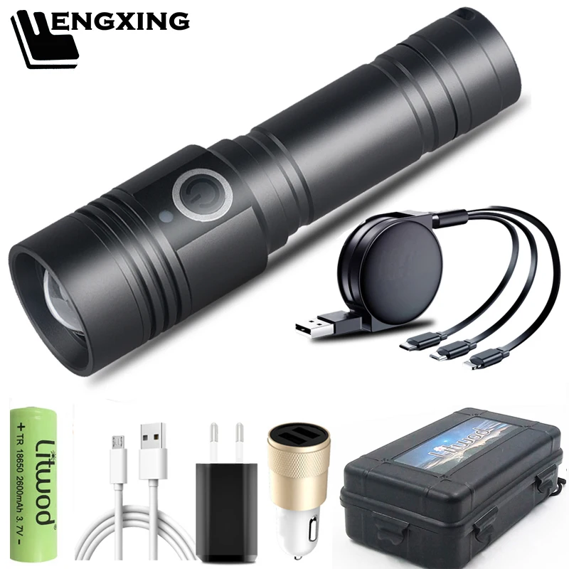 

USB Rechargeable Led Flashlight Xhp50 Torch 18650 Battery Magnet Tail Zoomable Aluminum Alloy For Cycling And Working Bulb Light
