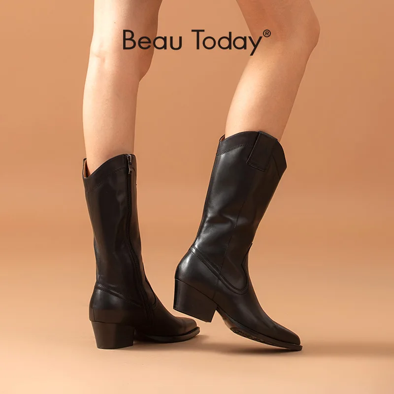 

BeauToday Cowboy Boots Women Cow Leather Mid Calf Side Zip Pointed Toe Autumn Fashion Ladies Shoes Handmade 06106