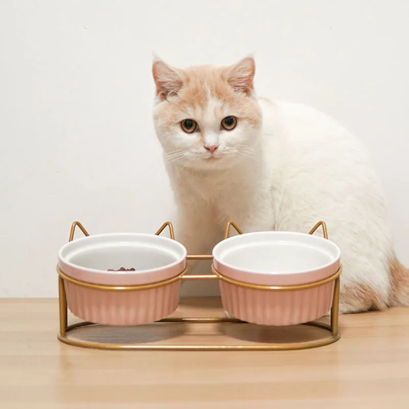 

Ceramic Cat Double Bowl Tall Pet Bowls Cute Automatic Drinking Protect Cervical Spine Food Feeer Gatos Accesorios Pets Mascotas