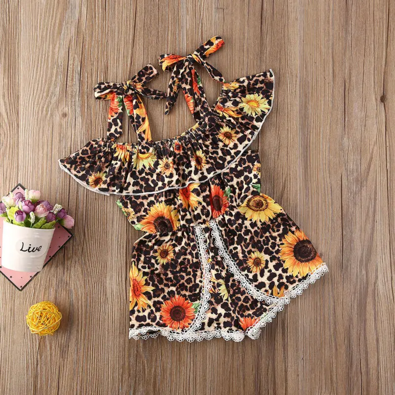 

Fashion Baby Girl Sleeveles Flower Leopard print Jumpsuit Clothes Lace Romper Summer Outfits