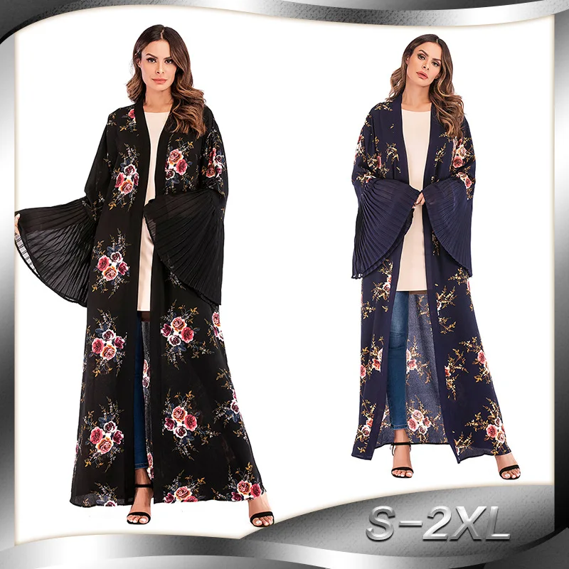 

BianFeng Women's Elegant Muslim Floral Print Abaya Hijab Dress Long Sleeve Hem Robe Dress