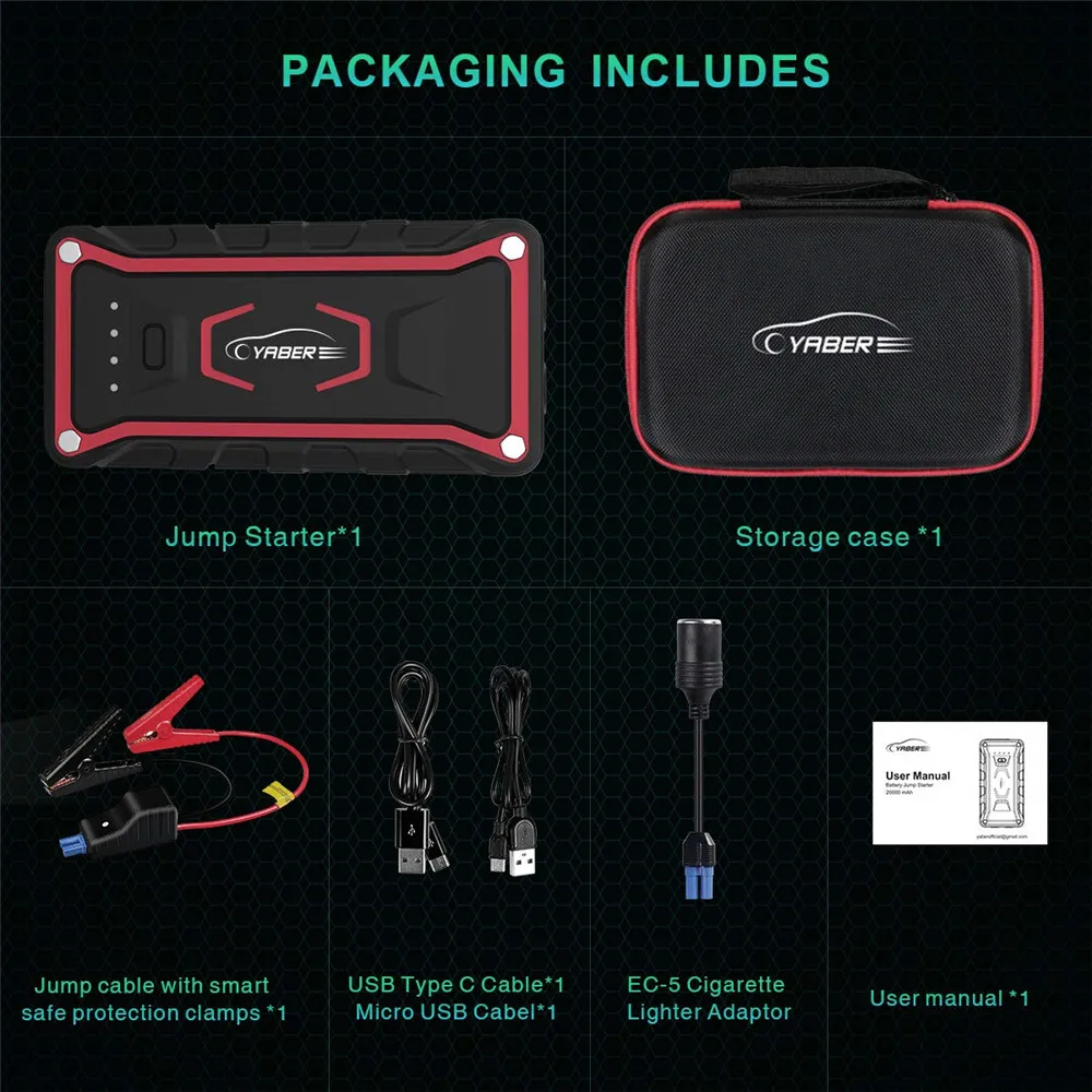 20000 мАч автомобильный стартер Power Bank Портативное аварийное зарядное устройство