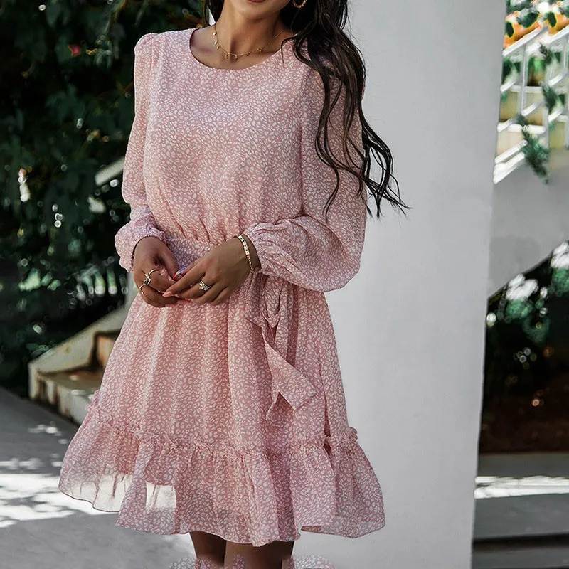 

Europe Elegant Autumn Winter Floral Print Flare Long Sleeve Women's Dress Vestido Mujer