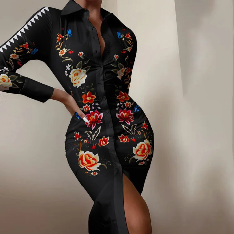 

Zoctuo Long Sleeve Dress Lady Floral Lapel V-neck Sexy Dresses For Women Clubwear 2021 Women's Elastic Waist Outfit Clothing