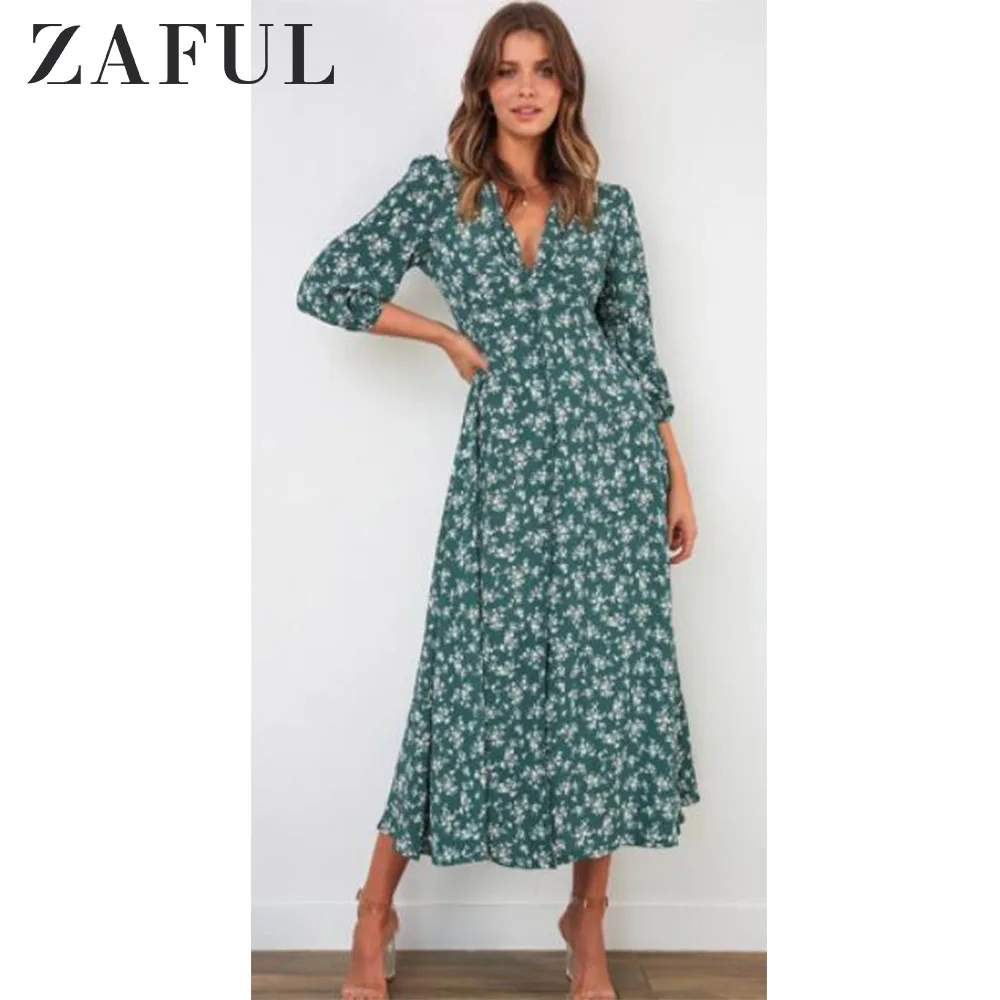 ZAFUL на пуговицах в мелкий цветочек длинное расклешенное платье с v-образной