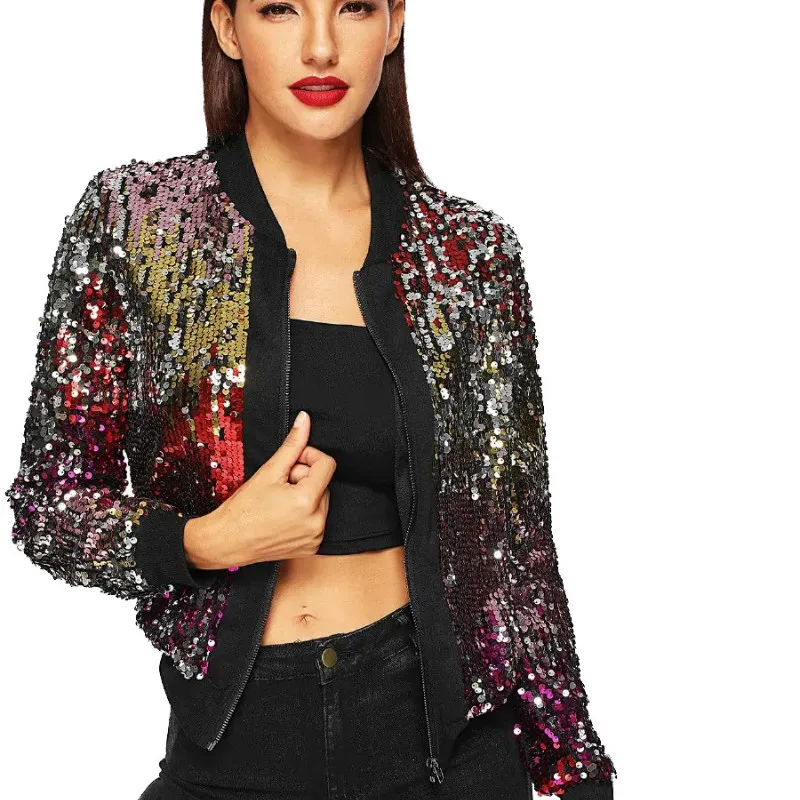 Женская куртка-бомбер с блестками красного цвета градиентным переходом | одежда