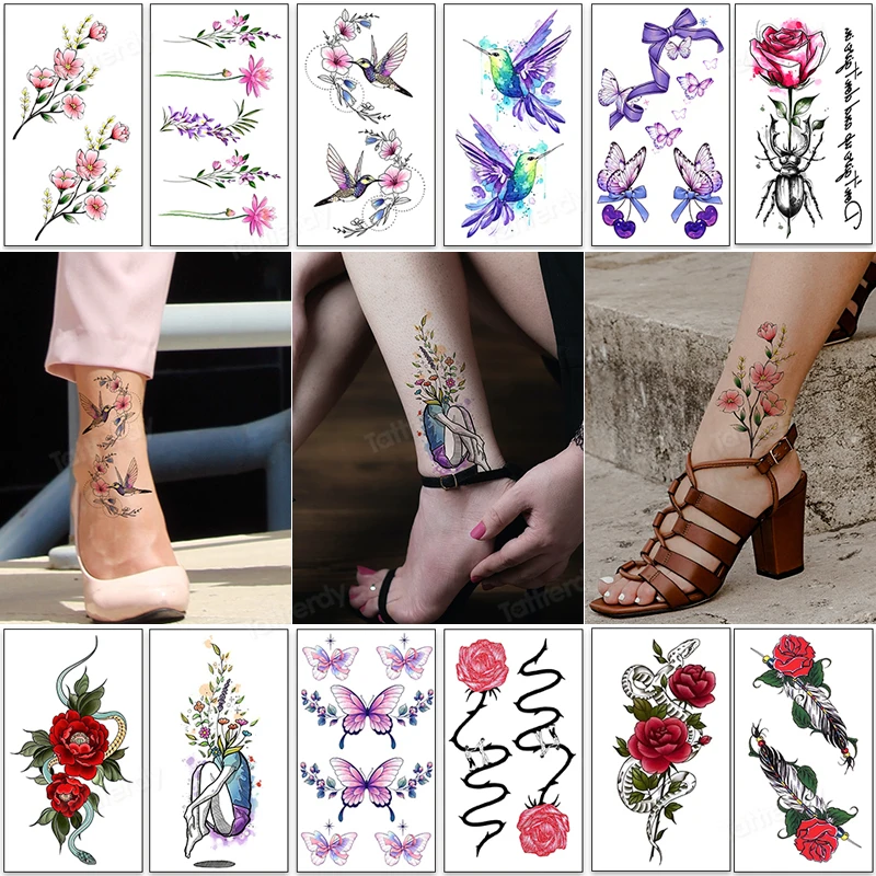 12pcs/Set Charms Flowers Leaf Stickers Tattoo Watercolor Body Art Decals Water Transfer Hand Finger Temporary Tattoo Foot Ankle