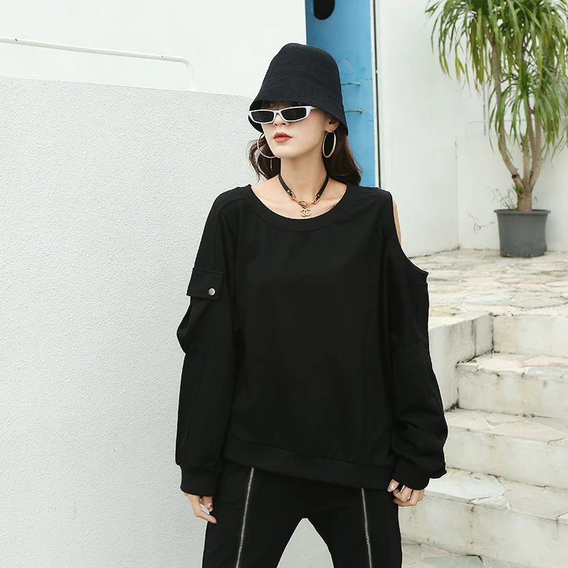 Casual One Off Shoulder Sweatshirt O neck Long Sleeve Loose Minimalist Black T shirts Female 2020 Fashion New Style