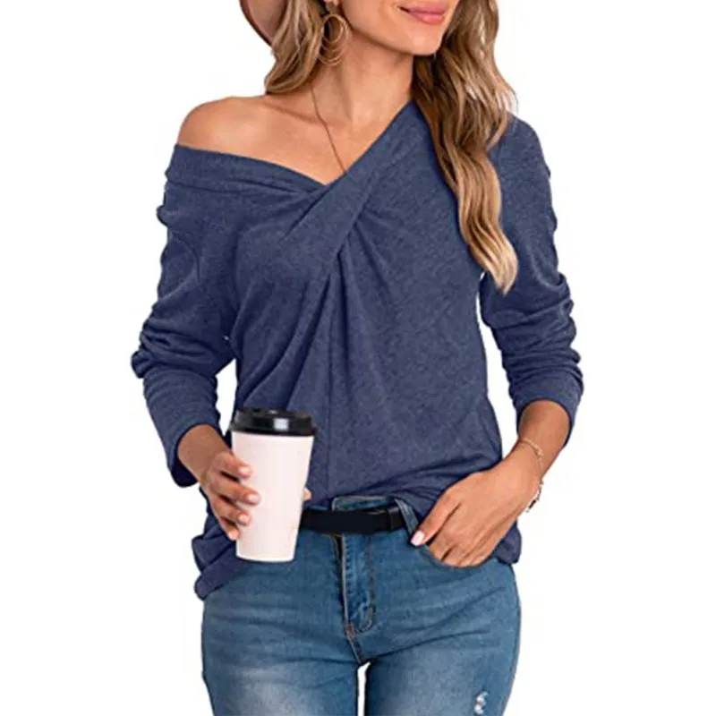 

European And American Women's Autumn Spring Tops Models V-neck Collar To Twist Casual Long Sleeves T-shirt