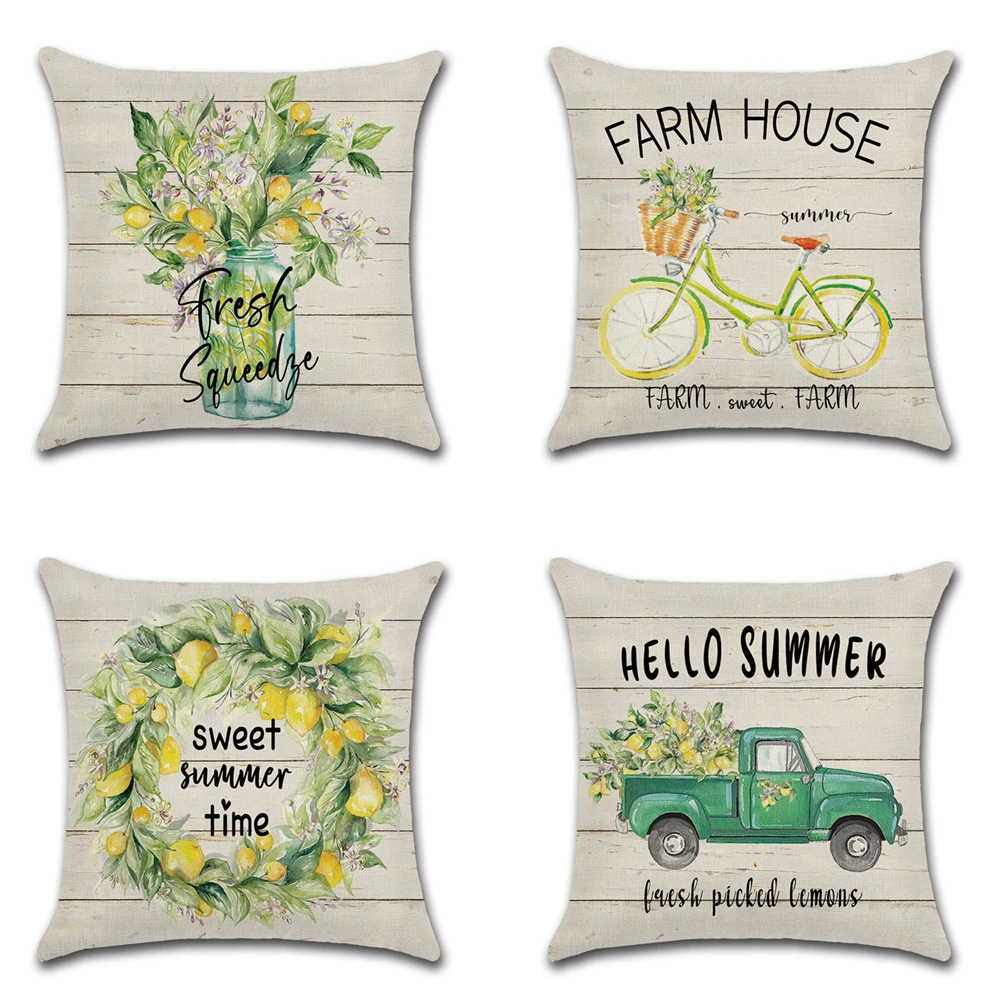 

Retro Summer Flowers Bicycle Lemon Wreath Printing Pillowcase Home Decoration Linen Car Cushion Cover Sofa Pillow Case 45cm*45cm