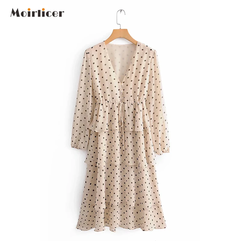 Женское длинное платье в горошек зимнее макси с длинным рукавом v образным