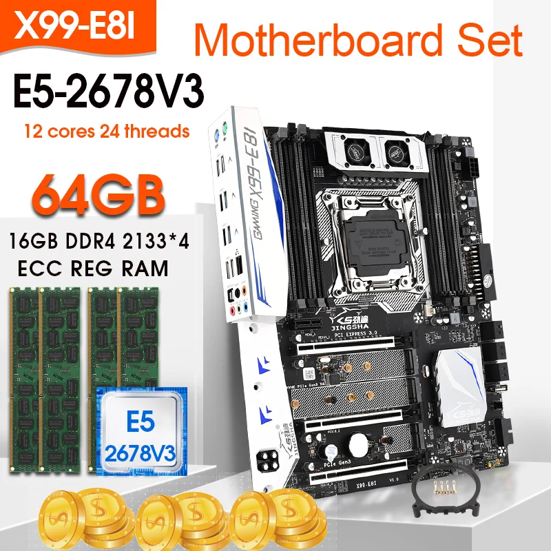 Kaufen JINGSHA X99 LGA 2011-V3 Motherboard Set Mit E5 2678V3 CPU Und 4 Stücke X 16GB = 64GB DDR4 2133MHZ ECC REG RAM Unterstützung Turbo Boost