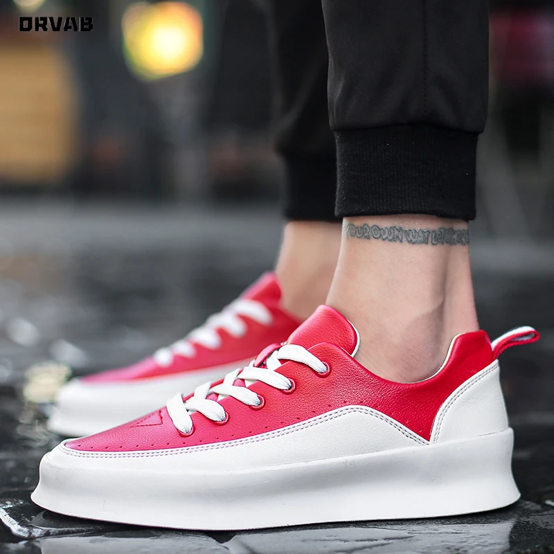

Fashion Leather Shoes Men Soft Comfortable Youth Mens Loafers Lace-Up White Red Black Thick Sole Designer Shoes Men Sneakers